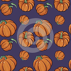 Pattern with pumpkins on a purple background