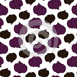 A pattern with purple and black pumpkins on a white background. Modern abstract seamless pumpkin pattern. Texture of dark pumpkins