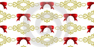 A pattern of red bows and gold swirls on a white