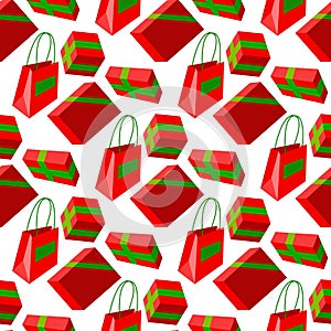 Pattern red boxes, parcels, paper bags tied with green ribbon on white background. Seamless festive, gift texture. Printing for