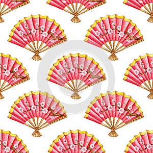 Pattern red chinese fan watercolor