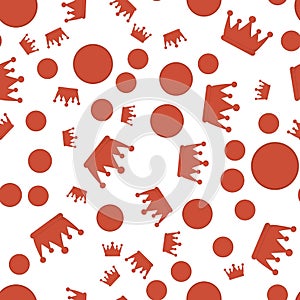 Pattern with red crowns and points. red circles seamless pattern and crown