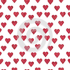 Pattern with red glitter textured hearts confetti on white