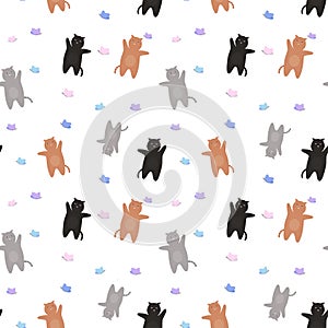 Pattern of red and gray cats with butterflies. On a white background