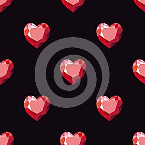 Pattern with red hearts rubies on a black background