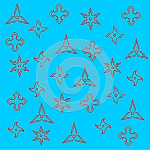 Pattern of Red Ninja Weapons Shuriken Silhouette on Blue