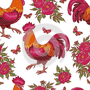 Pattern with red rooster, butterflies and flowers