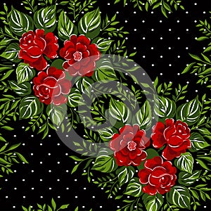 Pattern with of red roses on black background.