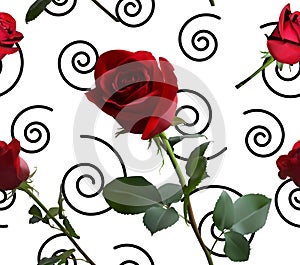 A pattern with red roses with green leaves and a long stem on the background