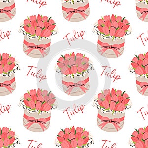 Pattern with red tulip bouquets in an elegant round gift box with bow. For floral and festive designs, textile, wrapping paper photo
