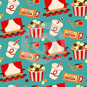 A pattern of retro movie elements. Screen, popcorn, 3d glasses, ticket, soda. Cinematic junk food while watching a movie