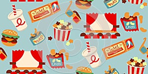 A pattern of retro movie elements. Screen, popcorn, 3d glasses, ticket, soda, nuts, chips, hamburger in cartoon style