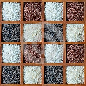 Pattern of rice white and red in wooden cells background culinary