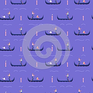 Pattern of romantic travelling in Venice. Gondolier carries a girl and man in a gondola on the channel. Summer vacation pattern.