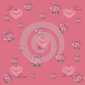 Pattern of roses and hearts on a pink background.