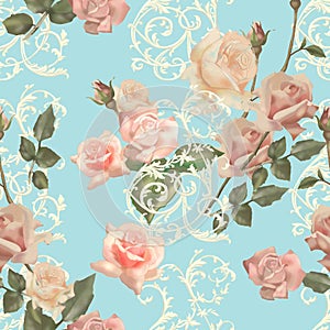 Pattern with roses and monograms in vintage style