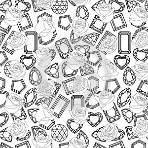 Pattern of roses white buds of roses black line on a pattern of diamonds
