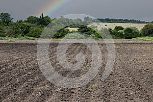 Pattern of rows in arable land against the background of a rainbow and a rainy sky