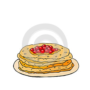Pattern of Russian holiday Maslenitsa. Collection of traditional Russian symbol: pancakes caviar. Shrovetide icon in hand draw