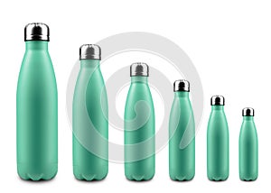 Pattern scale of reusable steel thermo water bottle aqua menthe of color, isolated on white background.