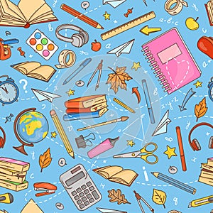Pattern with school supplies. Doodle style.