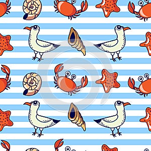 pattern with seagull, crab and shell