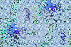 Pattern of seahorse and sea voyages.