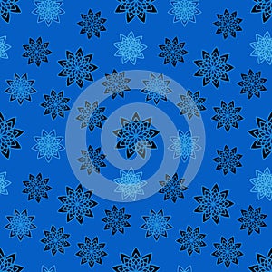 Pattern seamless with black and blue floral ornaments on bllue background. Flower Texture for kitchen wallpaper or bathroom