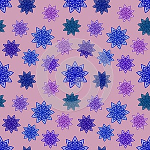 Pattern seamless with blue and violet floral ornaments on pink background. Flower Texture for kitchen wallpaper or