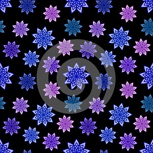 Pattern seamless with blue, violet and lilac floral ornaments o black background. Flower Texture for kitchen wallpaper or bathroom