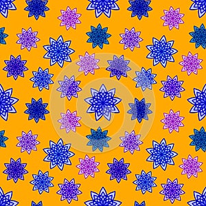 Pattern seamless with blue, violet, pink floral ornaments on orange background. Flower Texture for kitchen wallpaper or bathroom