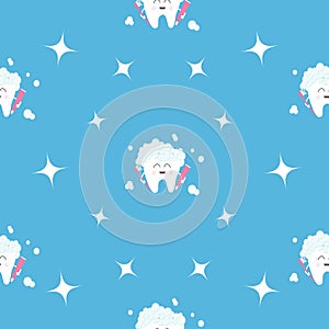 Pattern Seamless Brush Paste Tooth health. Sparkle star. Cute funny cartoon smiling character. Oral dental hygiene. Children teeth