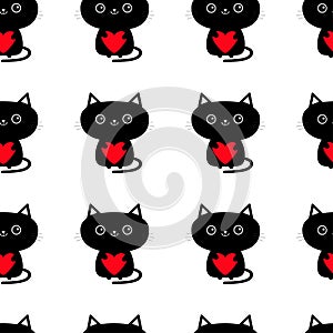 Pattern Seamless. Cute black cat holding red heart. Funny cartoon animal character. Kitty kitten. Baby pet collection. Wrapping pa