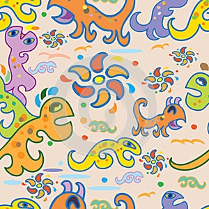 Pattern, seamless, fantasy, animals, ornament, images, animals, curls, illustration