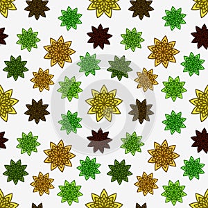 Pattern seamless with green, yellow and brown floral ornaments on white background. Flower Texture for kitchen wallpaper or