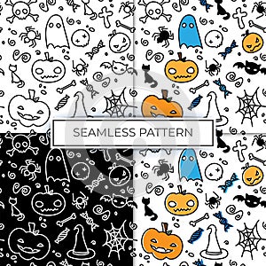 Pattern seamless halloween pumpkin black cat bat print bright color