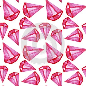 Pattern seamless hand drawn pink watercolor gemstones  isolated on white background. photo