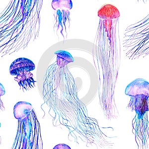 Pattern seamless jellyfishes Colorful repeat texture wallpaper design illustration Watercolor in bright style vivid blue purple