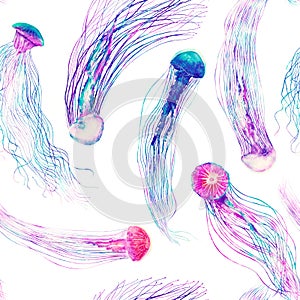 Pattern seamless jellyfishes Colorful repeat texture wallpaper design illustration Watercolor in bright style vivid blue purple