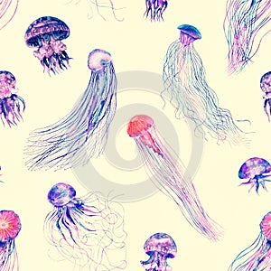 Pattern seamless jellyfishes Colorful repeat texture wallpaper design illustration Watercolor in bright style vivid blue purple