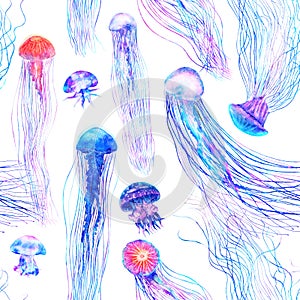 Pattern seamless jellyfishes Colorful repeat texture wallpaper design illustration Watercolor in bright style vivid blue purple