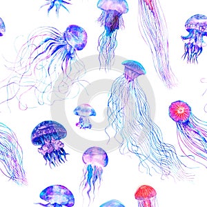 Pattern seamless jellyfishes Colorful repeat texture wallpaper design illustration Watercolor in bright style vivid blue purple