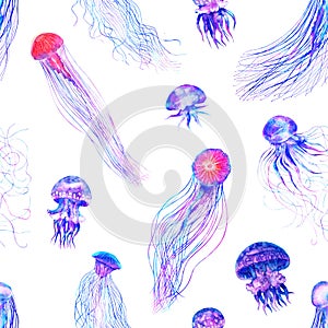 Pattern seamless jellyfishes Colorful repeat texture wallpaper design illustration Watercolor in bright style vivid blue purple