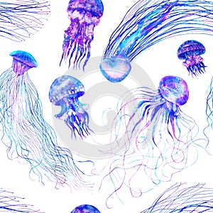 Pattern seamless jellyfishes Colorful repeat texture wallpaper design illustration Watercolor in bright style vivid blue purple
