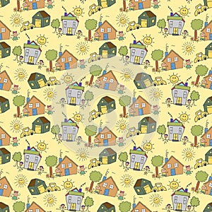 Pattern seamless of kids with scenery element. Urban landscape or view of European city street with house. Seamless banner with