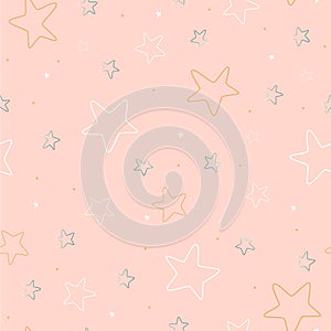 Pattern seamless picture with stars of white, yellow and blue color on a delicate pink background.