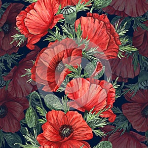 The pattern is seamless with red poppies painted in watercolor and isolated on a white background.