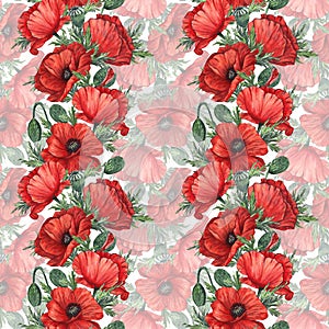 The pattern is seamless with red poppies painted in watercolor and isolated on a white background.