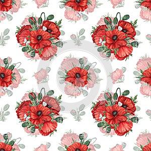 The pattern is seamless with red poppies painted in watercolor and isolated on a white background.