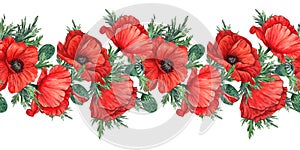 The pattern is seamless with red poppies painted in watercolor and isolated on a white background.